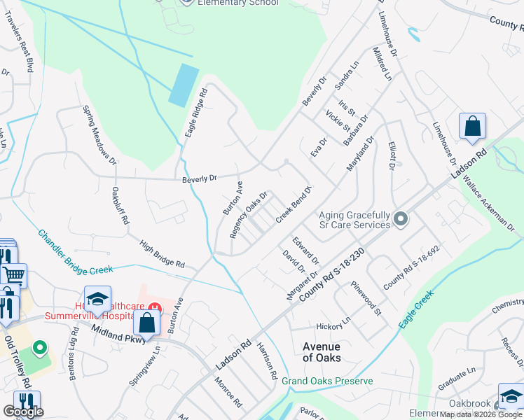 map of restaurants, bars, coffee shops, grocery stores, and more near 91 Cross Timbers Drive in Summerville