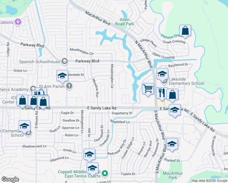 map of restaurants, bars, coffee shops, grocery stores, and more near 132 Meadowglen Circle in Coppell