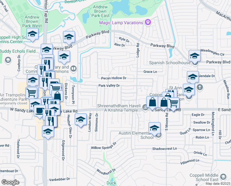 map of restaurants, bars, coffee shops, grocery stores, and more near 132 Sand Point Court in Coppell