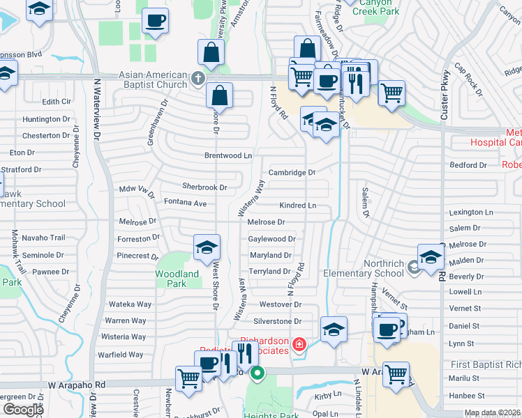 map of restaurants, bars, coffee shops, grocery stores, and more near 725 Kindred Lane in Richardson