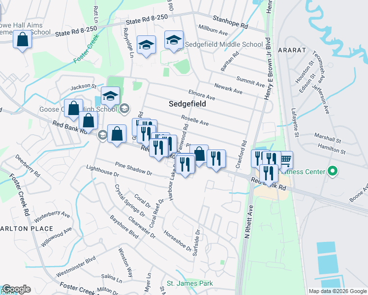 map of restaurants, bars, coffee shops, grocery stores, and more near 37 Plainfield Avenue in Goose Creek