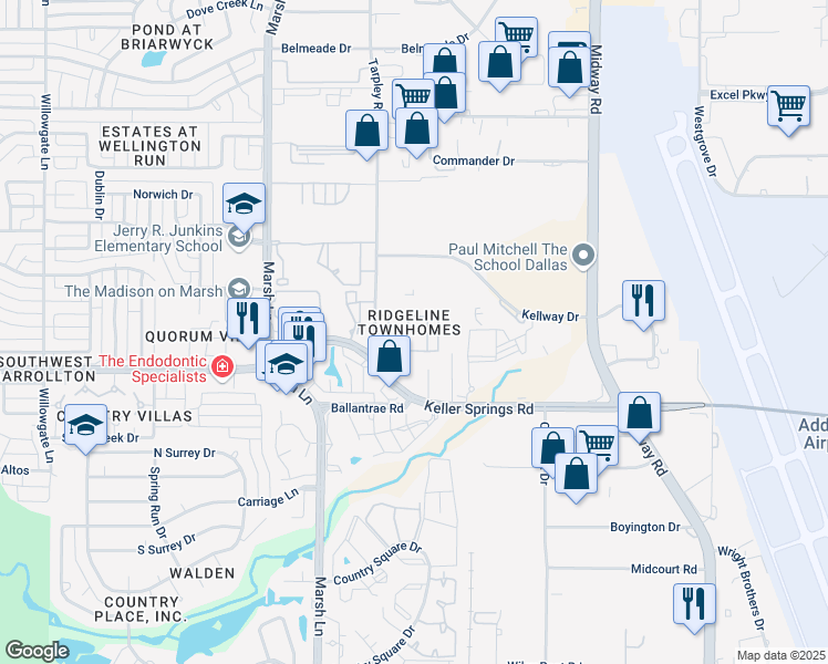 map of restaurants, bars, coffee shops, grocery stores, and more near 2240 Tarpley Road in Carrollton