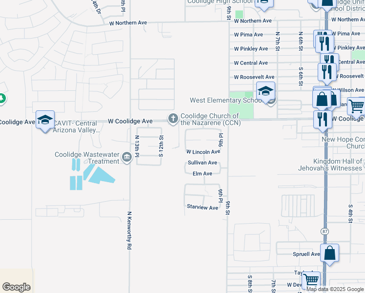 map of restaurants, bars, coffee shops, grocery stores, and more near 708 South 11th Street in Coolidge