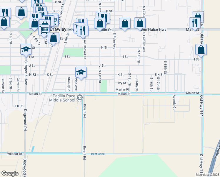 map of restaurants, bars, coffee shops, grocery stores, and more near 675 South Palm Avenue in Brawley