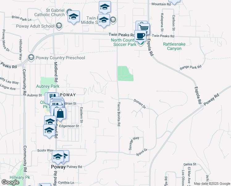 map of restaurants, bars, coffee shops, grocery stores, and more near 14210 Tierra Bonita Road in Poway