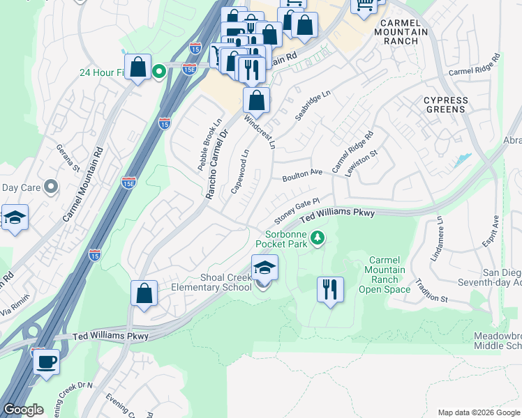 map of restaurants, bars, coffee shops, grocery stores, and more near 11767 Windcrest Lane in San Diego