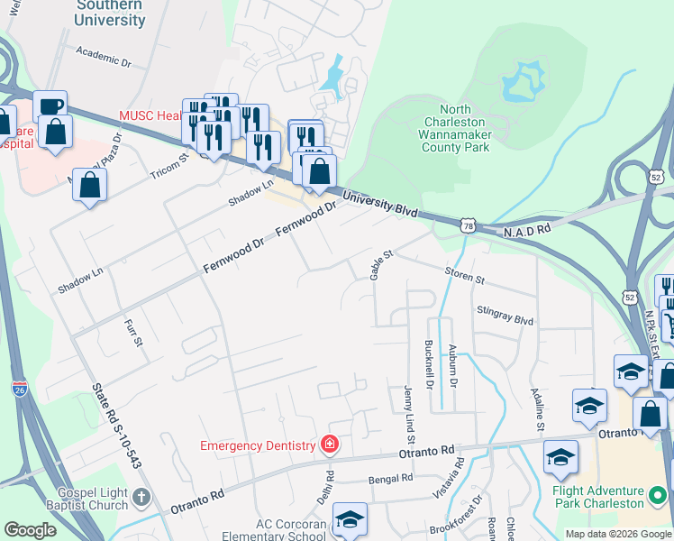 map of restaurants, bars, coffee shops, grocery stores, and more near 2605 Spivey Court in North Charleston