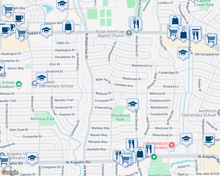 map of restaurants, bars, coffee shops, grocery stores, and more near 829 Fontana Avenue in Richardson