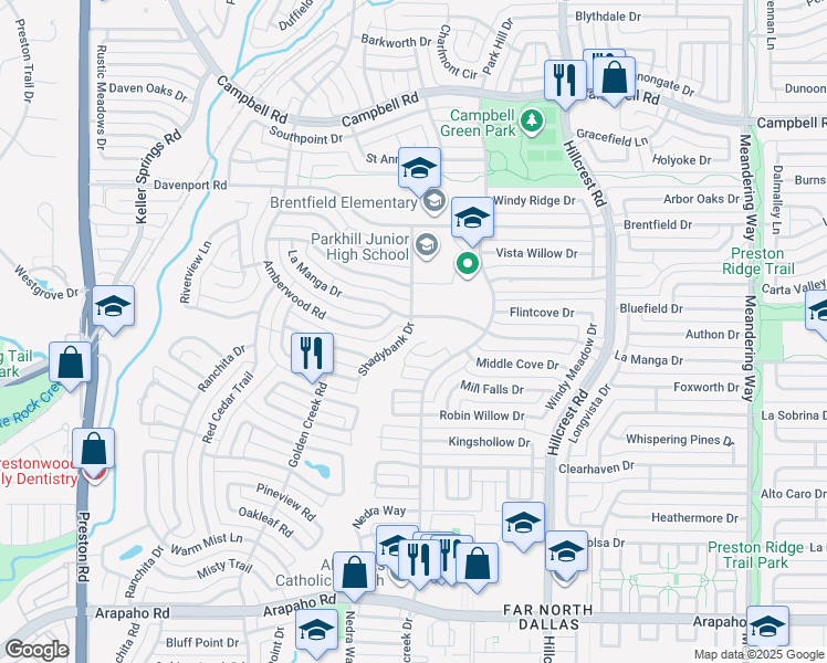 map of restaurants, bars, coffee shops, grocery stores, and more near 16339 Shadybank Drive in Dallas