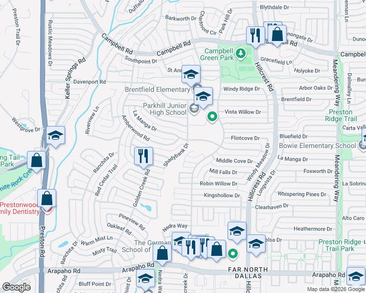 map of restaurants, bars, coffee shops, grocery stores, and more near 16339 Shadybank Drive in Dallas