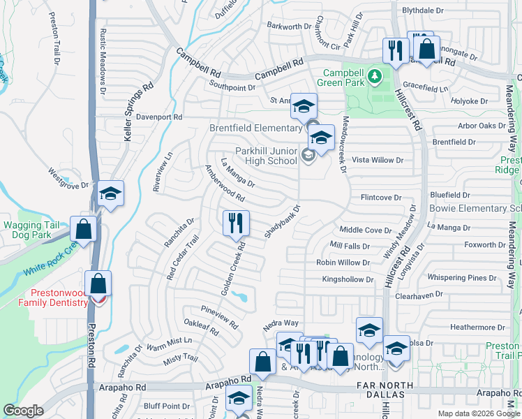 map of restaurants, bars, coffee shops, grocery stores, and more near 16127 Amberwood Road in Dallas
