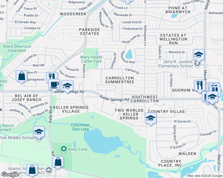map of restaurants, bars, coffee shops, grocery stores, and more near 2531 Brooke Trail in Carrollton