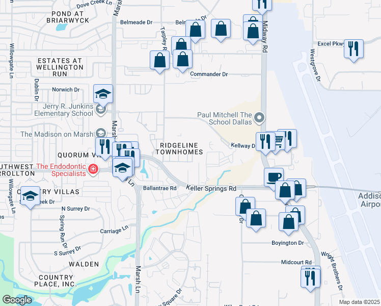 map of restaurants, bars, coffee shops, grocery stores, and more near 2240 Tarpley Road in Carrollton