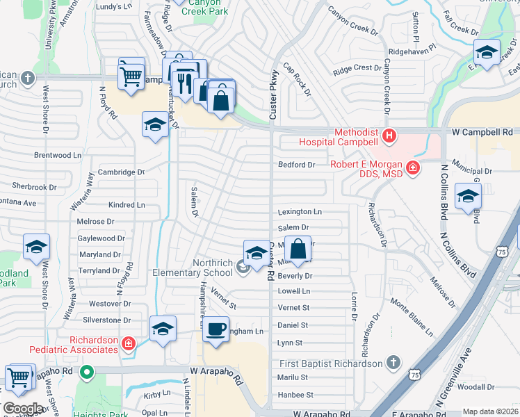 map of restaurants, bars, coffee shops, grocery stores, and more near 504 Lexington Lane in Richardson