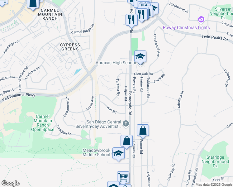 map of restaurants, bars, coffee shops, grocery stores, and more near 14126 Tarzana Road in Poway
