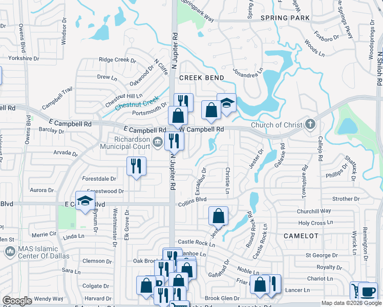 map of restaurants, bars, coffee shops, grocery stores, and more near 6117 Clear Creek Drive in Garland