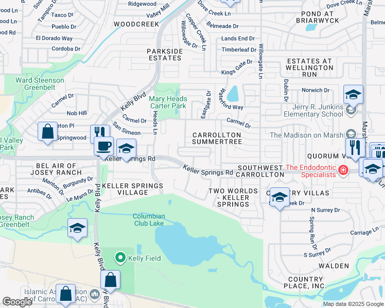 map of restaurants, bars, coffee shops, grocery stores, and more near 2513 Brooke Trail in Carrollton