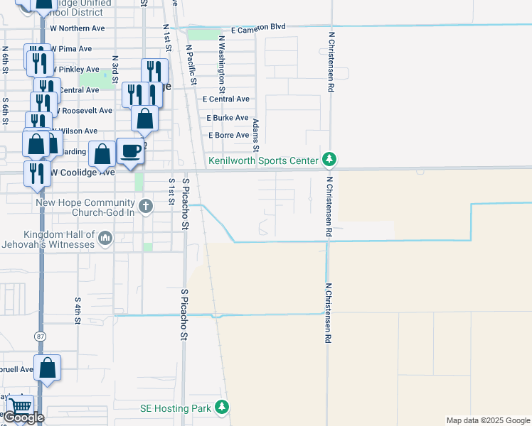 map of restaurants, bars, coffee shops, grocery stores, and more near 714 S Jefferson St in Coolidge