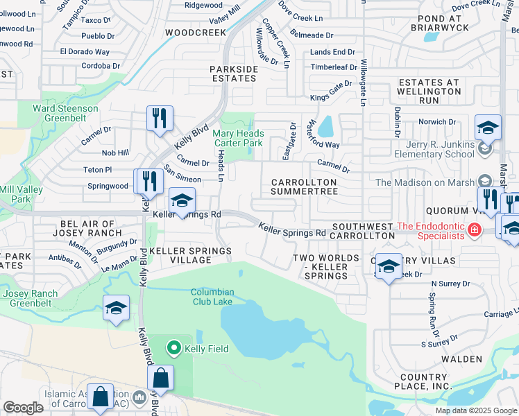 map of restaurants, bars, coffee shops, grocery stores, and more near 2513 Brooke Trail in Carrollton