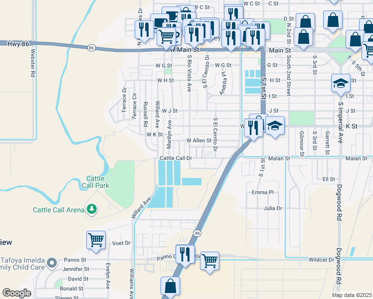 map of restaurants, bars, coffee shops, grocery stores, and more near 673 S Rio Vista Ave in Brawley