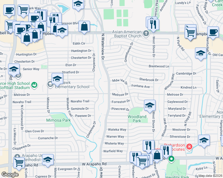 map of restaurants, bars, coffee shops, grocery stores, and more near 1504 North Waterview Drive in Richardson
