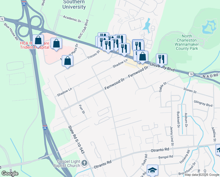 map of restaurants, bars, coffee shops, grocery stores, and more near 2775 Fernwood Drive in North Charleston