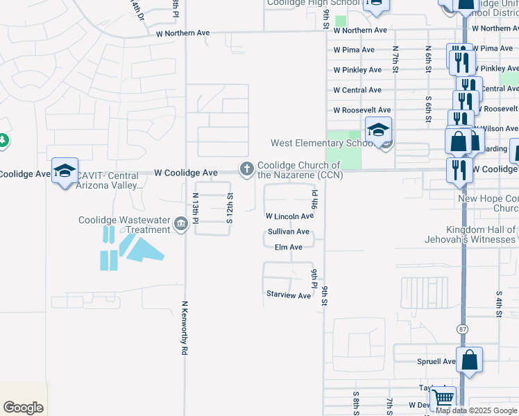 map of restaurants, bars, coffee shops, grocery stores, and more near 708 South 11th Street in Coolidge