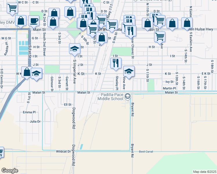 map of restaurants, bars, coffee shops, grocery stores, and more near 931 Martin Place in Brawley