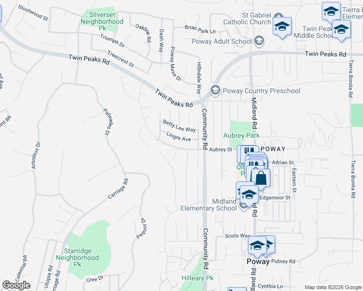 map of restaurants, bars, coffee shops, grocery stores, and more near 13310 Aubrey Street in Poway
