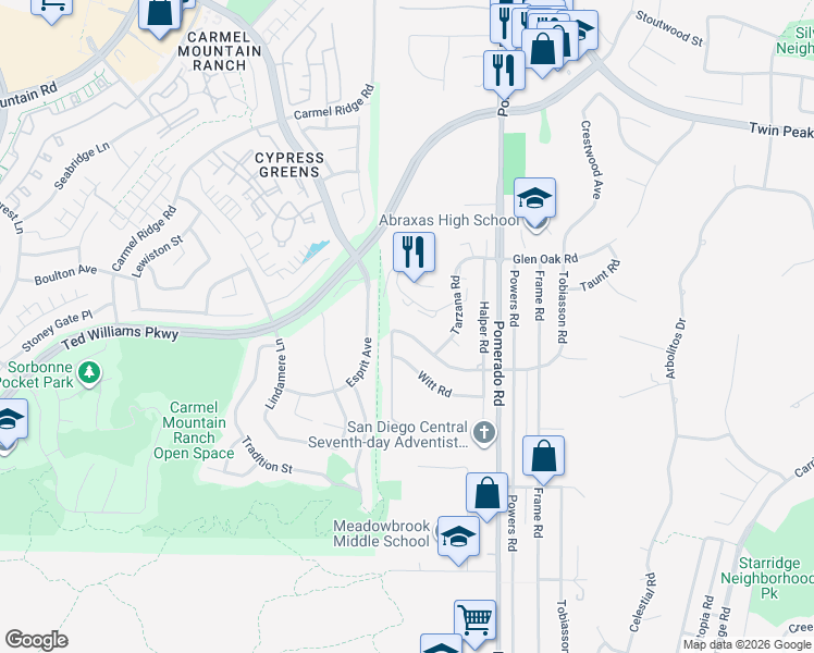 map of restaurants, bars, coffee shops, grocery stores, and more near 12216 Holland Road in Poway