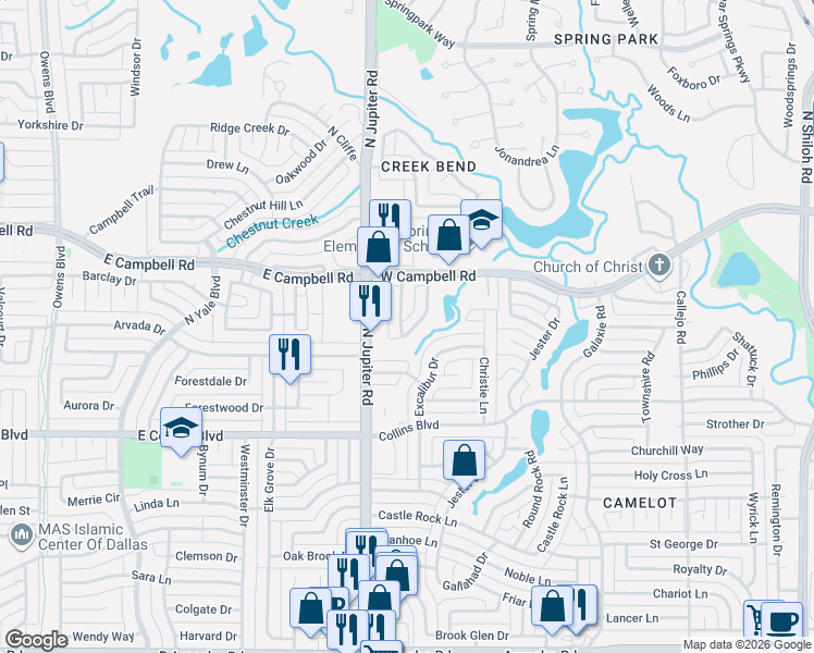 map of restaurants, bars, coffee shops, grocery stores, and more near 6117 Clear Creek Drive in Garland