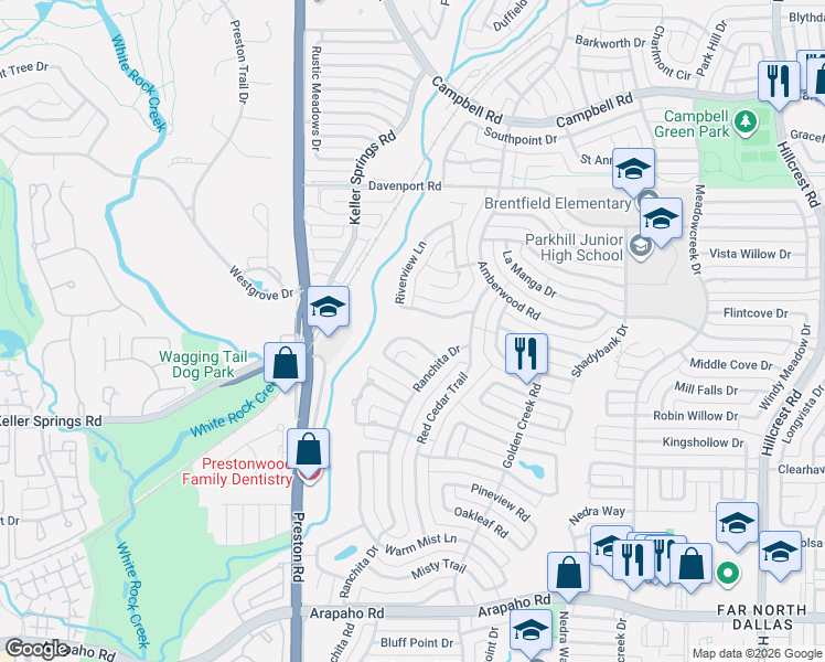 map of restaurants, bars, coffee shops, grocery stores, and more near 6012 Twin Coves Street in Dallas