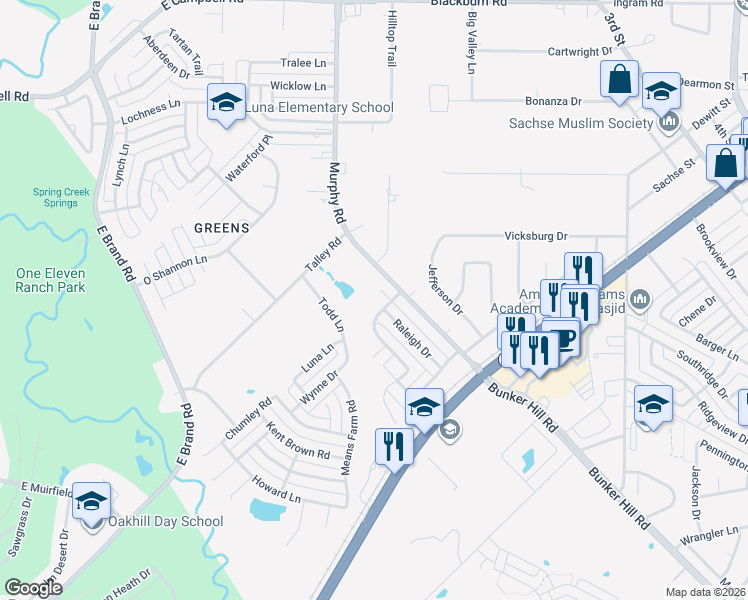 map of restaurants, bars, coffee shops, grocery stores, and more near 1409 Hattiesburg Ln in Garland