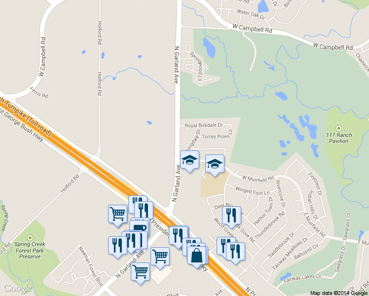 map of restaurants, bars, coffee shops, grocery stores, and more near 902 Sunningdale Circle in Garland