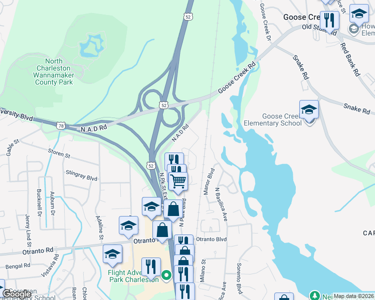 map of restaurants, bars, coffee shops, grocery stores, and more near 2151 Spoleto Lane in North Charleston