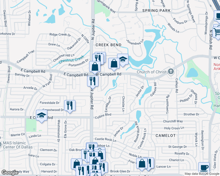 map of restaurants, bars, coffee shops, grocery stores, and more near 3302 West Campbell Road in Garland