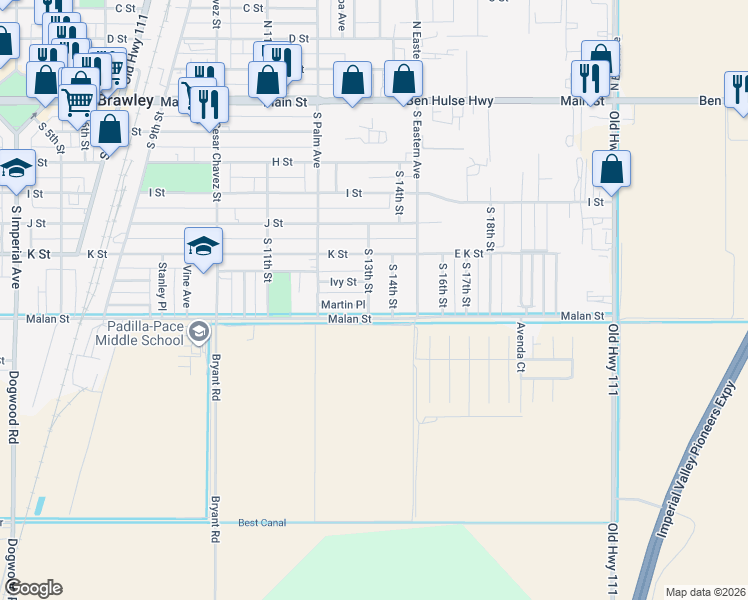 map of restaurants, bars, coffee shops, grocery stores, and more near 686 South 13th Street in Brawley