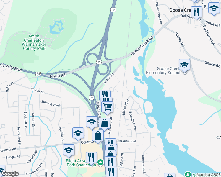 map of restaurants, bars, coffee shops, grocery stores, and more near 2161 Palermo Place in North Charleston
