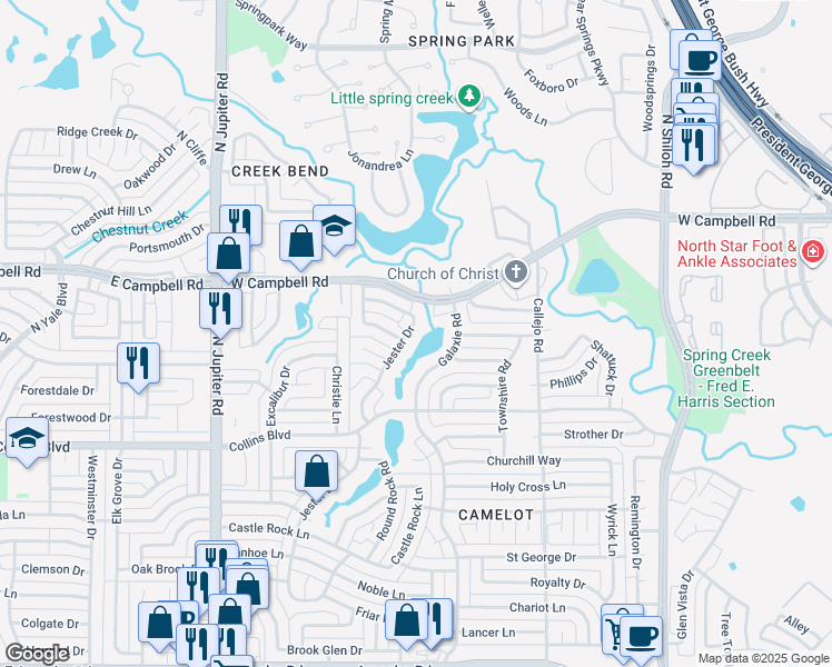 map of restaurants, bars, coffee shops, grocery stores, and more near 5906 Jester Drive in Garland