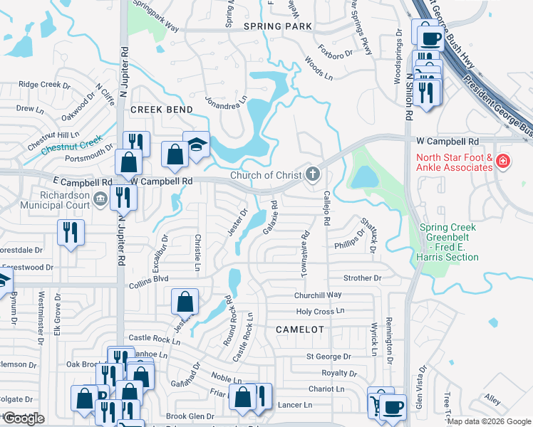 map of restaurants, bars, coffee shops, grocery stores, and more near 6201 Galaxie Road in Garland