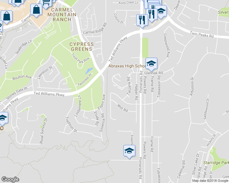 map of restaurants, bars, coffee shops, grocery stores, and more near 12216 Holland Road in Poway