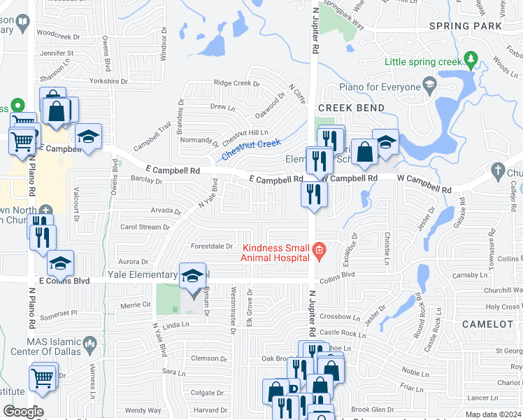 map of restaurants, bars, coffee shops, grocery stores, and more near 1803 Meadowcove Drive in Richardson