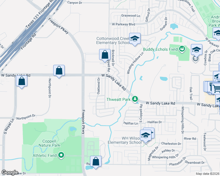 map of restaurants, bars, coffee shops, grocery stores, and more near 119 Manchester Lane in Coppell