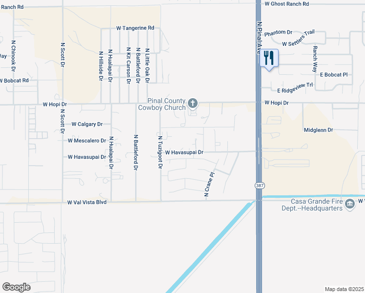 map of restaurants, bars, coffee shops, grocery stores, and more near 18276 West Havasupai Drive in Casa Grande