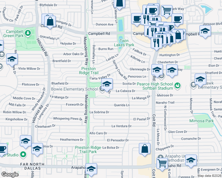 map of restaurants, bars, coffee shops, grocery stores, and more near 7707 La Cabeza Drive in Dallas