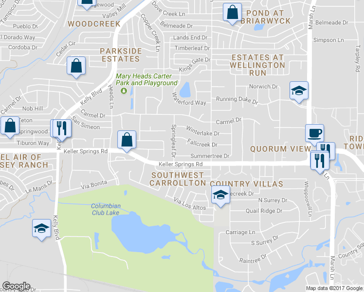map of restaurants, bars, coffee shops, grocery stores, and more near 2606 Fallcreek Circle in Carrollton