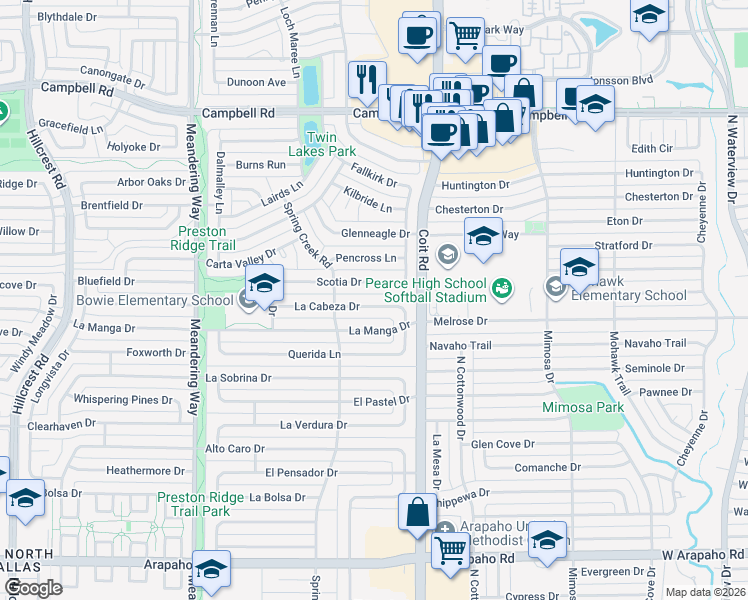 map of restaurants, bars, coffee shops, grocery stores, and more near 7845 La Cabeza Drive in Dallas