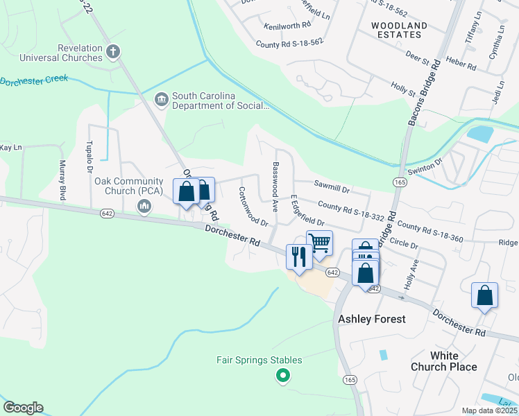 map of restaurants, bars, coffee shops, grocery stores, and more near 405 Crestwood Dr in Summerville