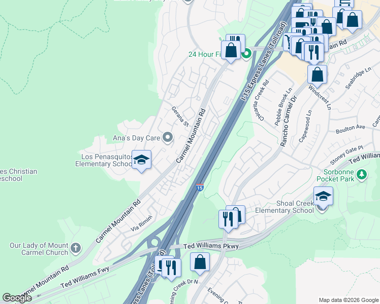 map of restaurants, bars, coffee shops, grocery stores, and more near 14080 Caminata Ebro in San Diego