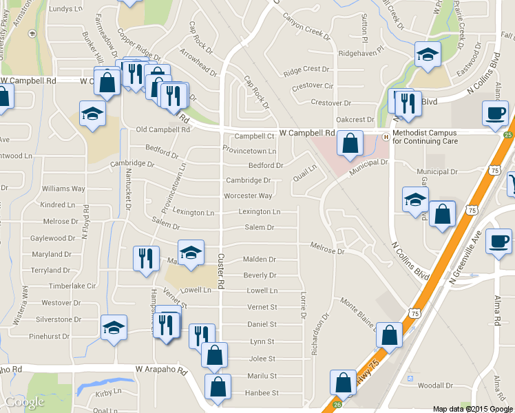 map of restaurants, bars, coffee shops, grocery stores, and more near 422 Lexington Lane in Richardson